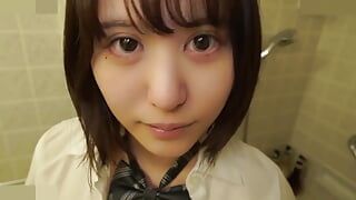 Very cute 18 year old dark haired Japanese babe in uniform blow job and cum in her mouth. She also has big boobs and is