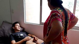 My stepsister’s bitch comes into the room and sucks my cock.